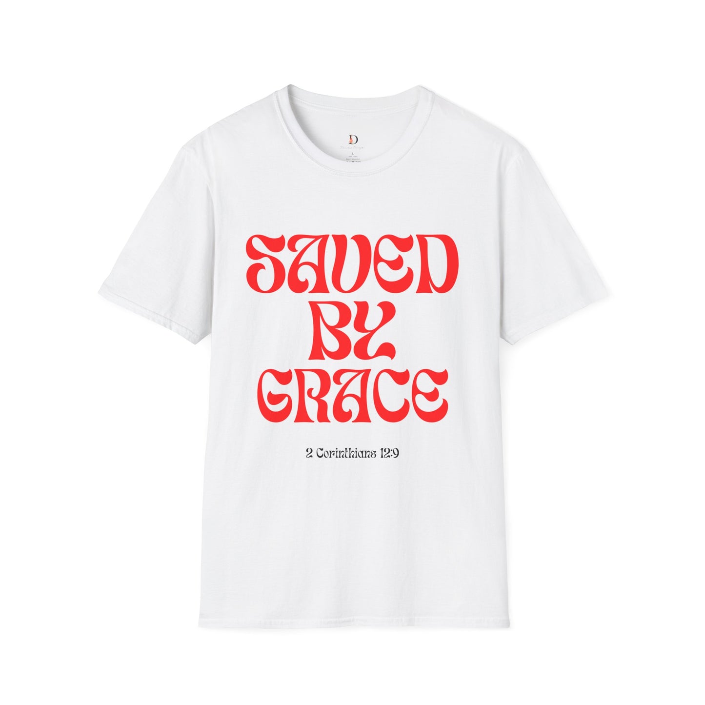 Saved by Grace (White & Red) Unisex Softstyle T-Shirt