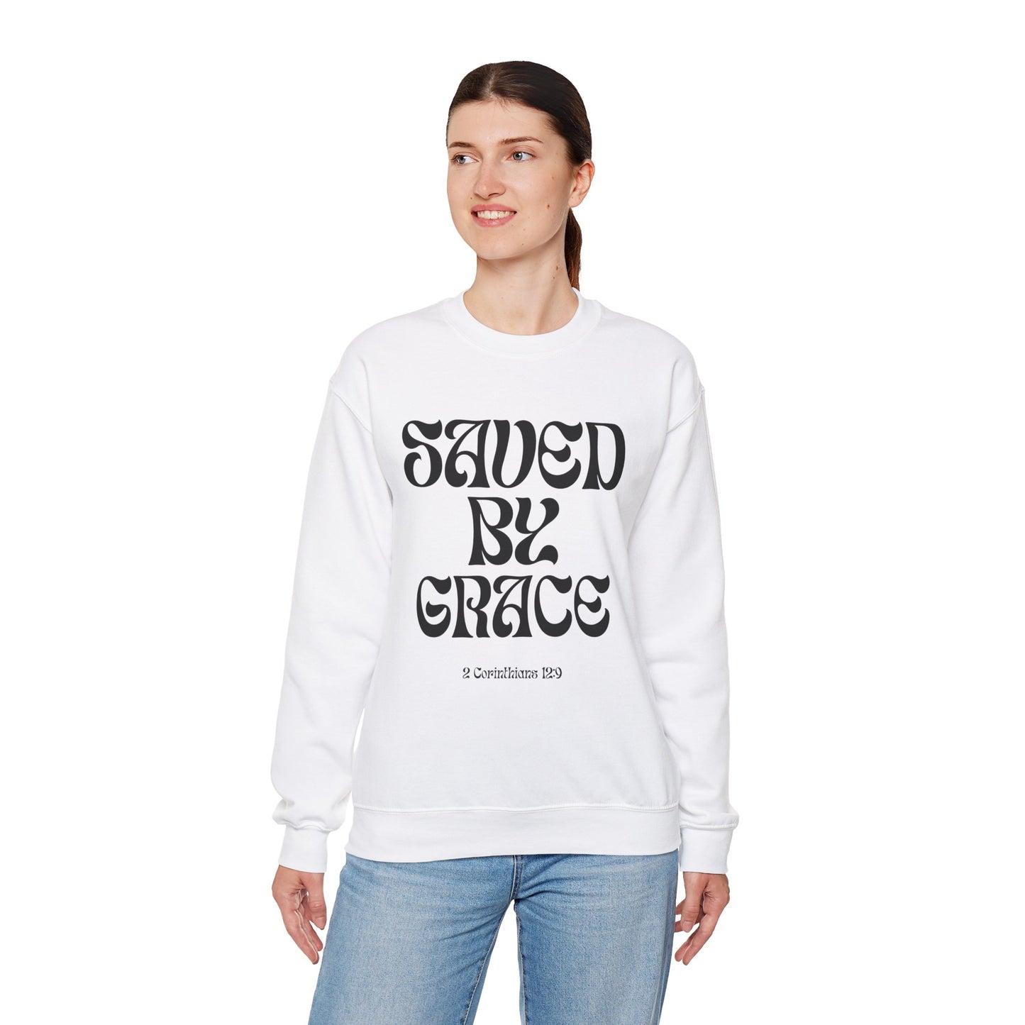 Saved by Grace (Black Letter) Unisex Heavy Blend™ Crewneck Sweatshirt