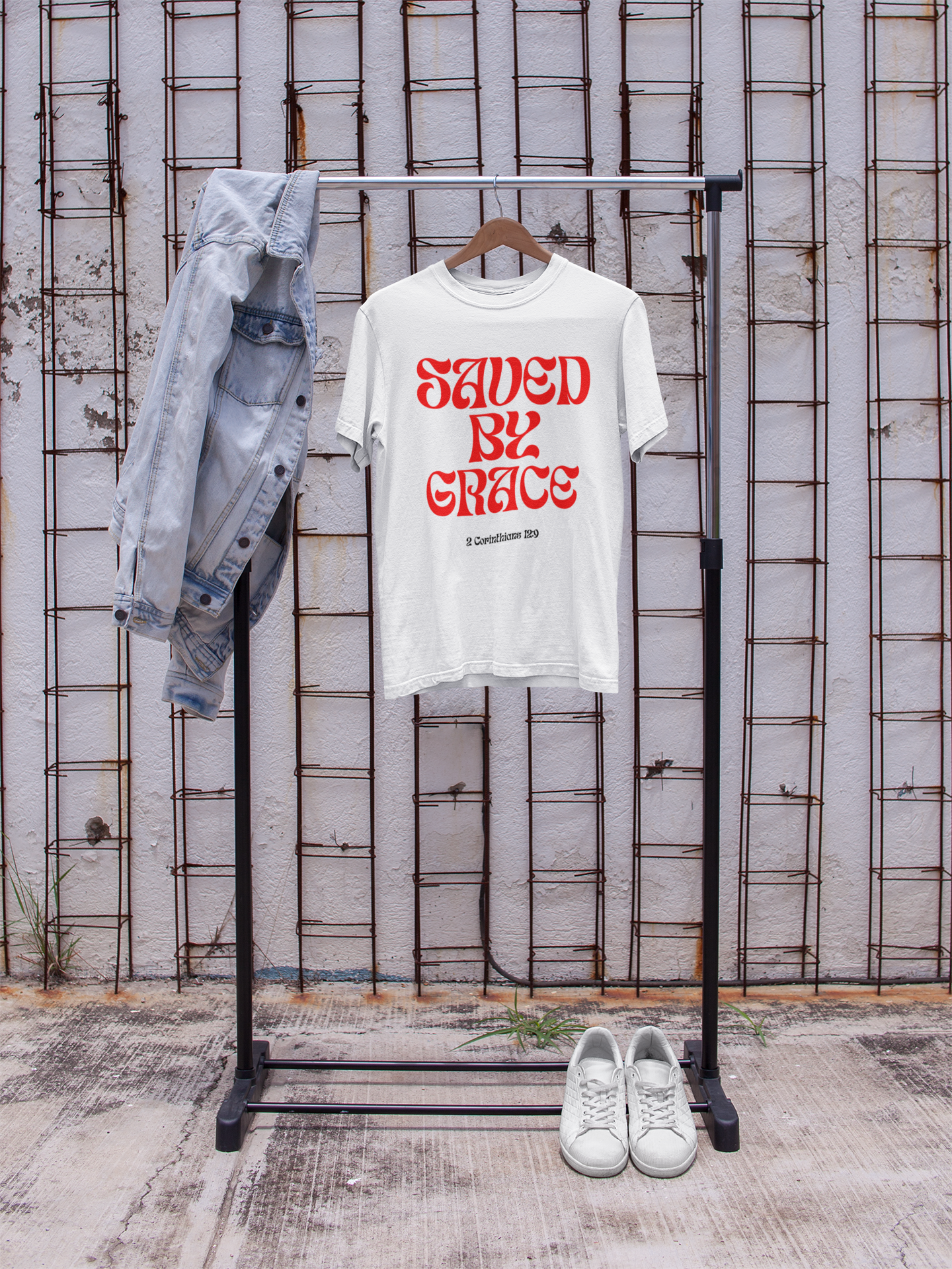 Saved by Grace (White & Red) Unisex Softstyle T-Shirt